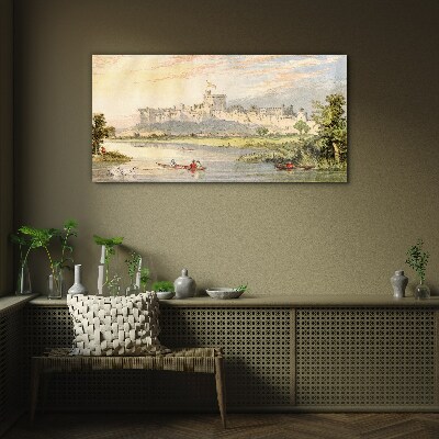 Tableau verre imprimé Un château au bord de la rivière aux couleurs pastel