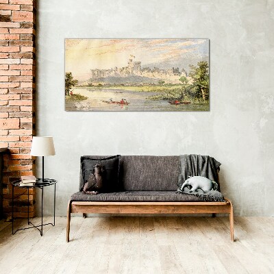 Tableau verre imprimé Un château au bord de la rivière aux couleurs pastel