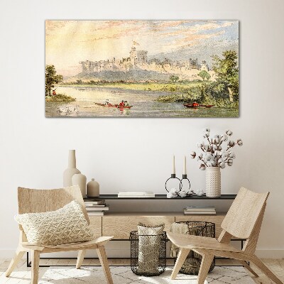 Tableau verre imprimé Un château au bord de la rivière aux couleurs pastel