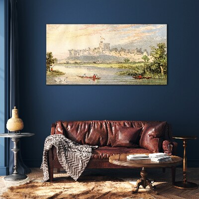 Tableau verre imprimé Un château au bord de la rivière aux couleurs pastel