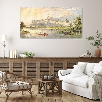 Tableau verre imprimé Un château au bord de la rivière aux couleurs pastel