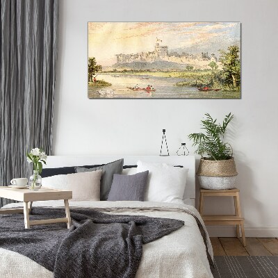 Tableau verre imprimé Un château au bord de la rivière aux couleurs pastel