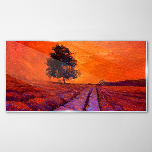 Tableau en verre Coucher de soleil sur les champs