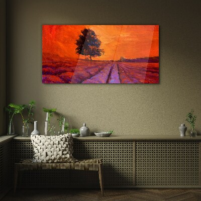 Tableau en verre Coucher de soleil sur les champs