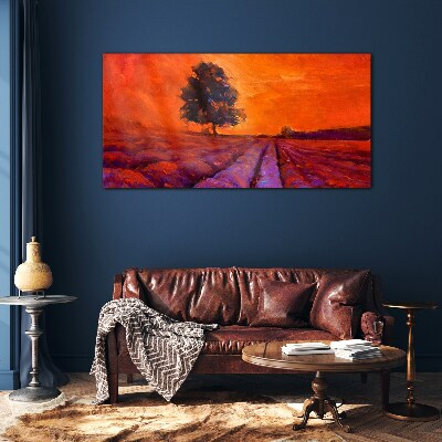 Tableau en verre Coucher de soleil sur les champs