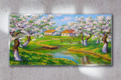 Tableau imprimé sur verre Paysage printanier avec des arbres en fleurs