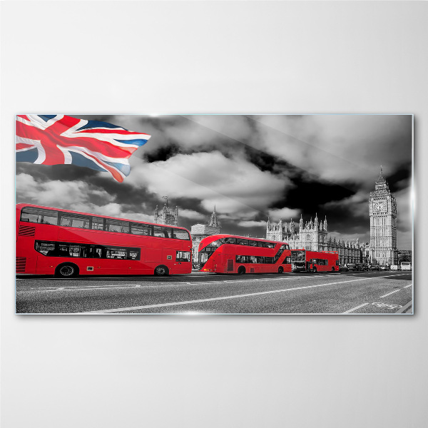 Tableau sur verre Bus londoniens rouges avec le drapeau britannique