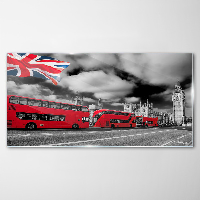 Tableau sur verre Bus londoniens rouges avec le drapeau britannique