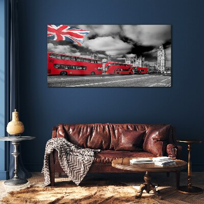 Tableau sur verre Bus londoniens rouges avec le drapeau britannique