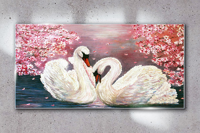Tableau verre imprimé L'amour des cygnes dans un verger en fleurs