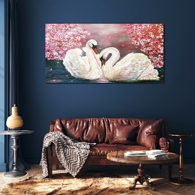 Tableau verre imprimé L'amour des cygnes dans un verger en fleurs