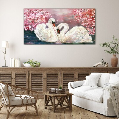 Tableau verre imprimé L'amour des cygnes dans un verger en fleurs