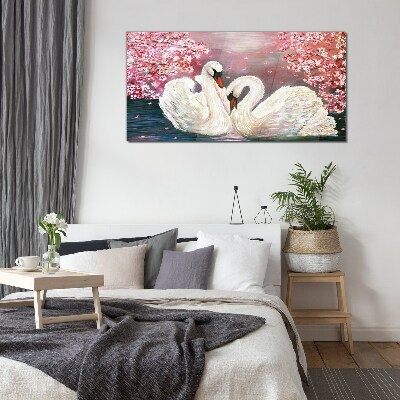 Tableau verre imprimé L'amour des cygnes dans un verger en fleurs