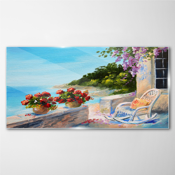 Tableau imprimé sur verre Fleurs et mer dans un paysage ensoleillé