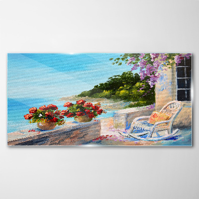 Tableau imprimé sur verre Fleurs et mer dans un paysage ensoleillé