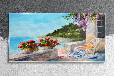 Tableau imprimé sur verre Fleurs et mer dans un paysage ensoleillé