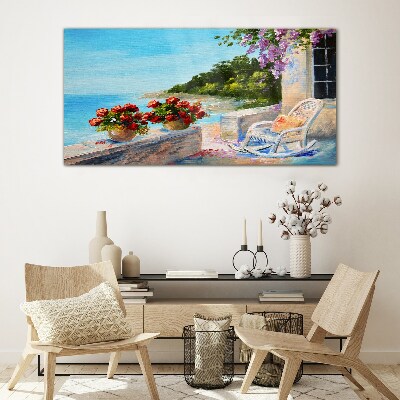 Tableau imprimé sur verre Fleurs et mer dans un paysage ensoleillé