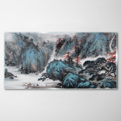 Tableau imprimé sur verre Un paysage de montagne paisible avec une cascade