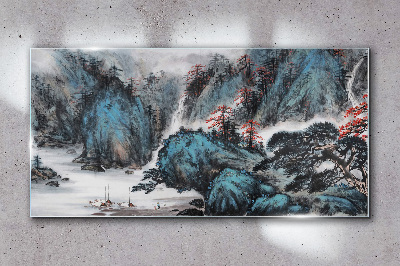 Tableau imprimé sur verre Un paysage de montagne paisible avec une cascade