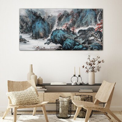 Tableau imprimé sur verre Un paysage de montagne paisible avec une cascade