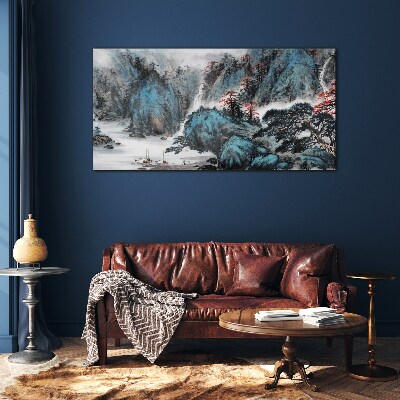 Tableau imprimé sur verre Un paysage de montagne paisible avec une cascade