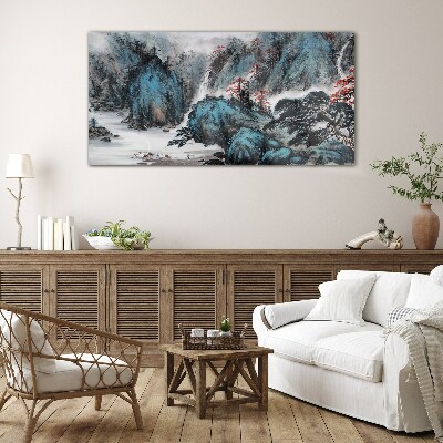 Tableau imprimé sur verre Un paysage de montagne paisible avec une cascade