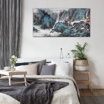 Tableau imprimé sur verre Un paysage de montagne paisible avec une cascade