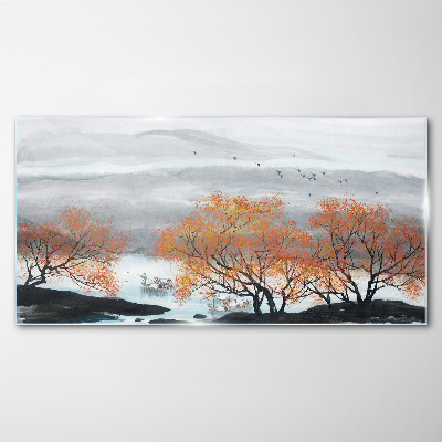 Tableau verre imprimé Brouillard d'automne sur le lac