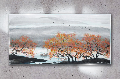 Tableau verre imprimé Brouillard d'automne sur le lac