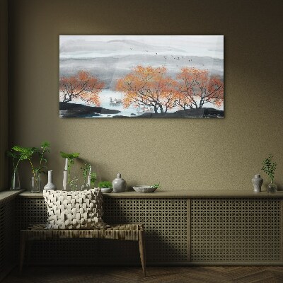 Tableau verre imprimé Brouillard d'automne sur le lac