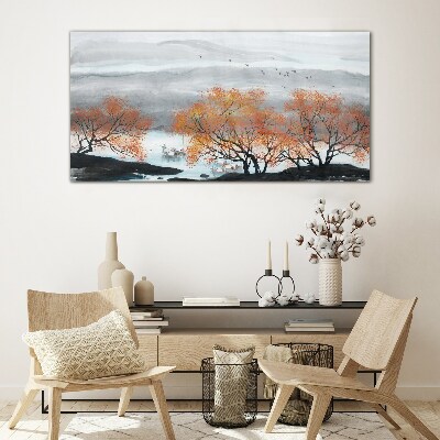 Tableau verre imprimé Brouillard d'automne sur le lac