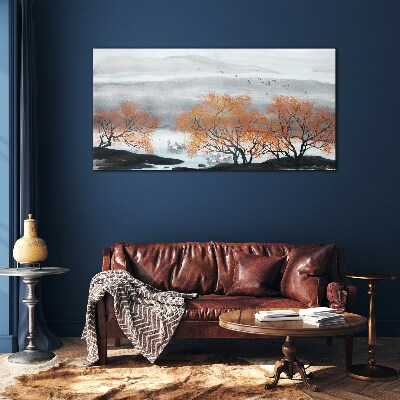 Tableau verre imprimé Brouillard d'automne sur le lac