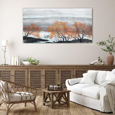 Tableau verre imprimé Brouillard d'automne sur le lac