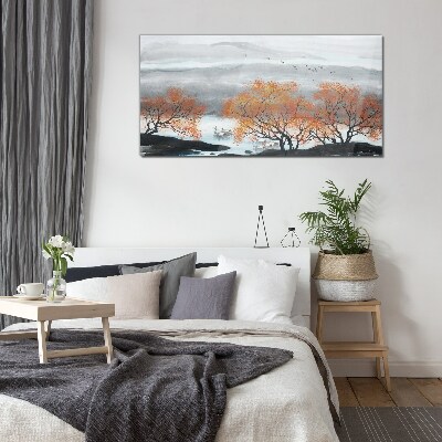 Tableau verre imprimé Brouillard d'automne sur le lac