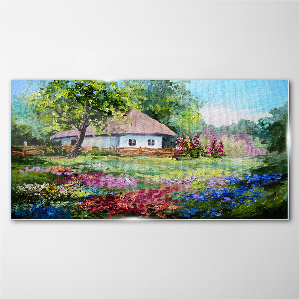 Tableau sur verre Paysage rural avec des fleurs