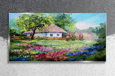 Tableau sur verre Paysage rural avec des fleurs