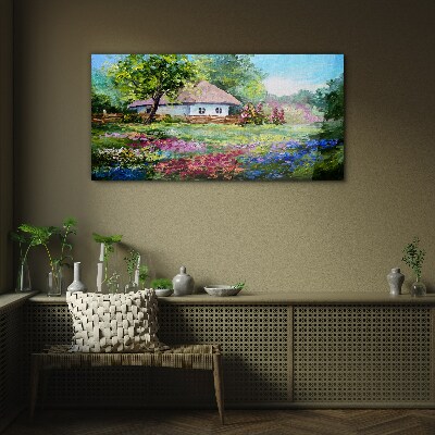 Tableau sur verre Paysage rural avec des fleurs