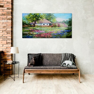 Tableau sur verre Paysage rural avec des fleurs