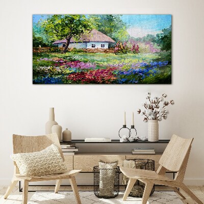 Tableau sur verre Paysage rural avec des fleurs