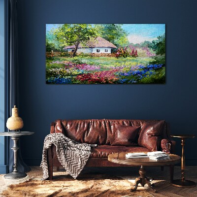 Tableau sur verre Paysage rural avec des fleurs