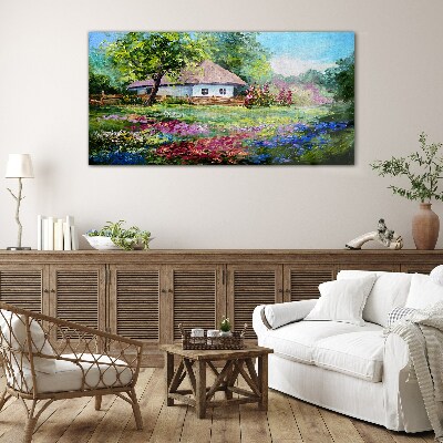 Tableau sur verre Paysage rural avec des fleurs