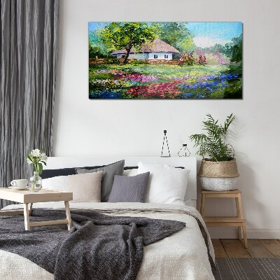 Tableau sur verre Paysage rural avec des fleurs