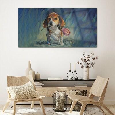 Tableau photo sur verre Un chien avec une rose contre le ciel
