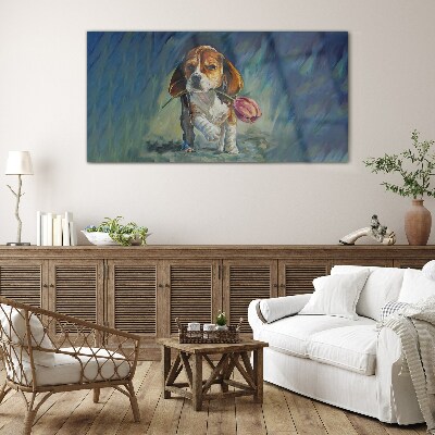 Tableau photo sur verre Un chien avec une rose contre le ciel