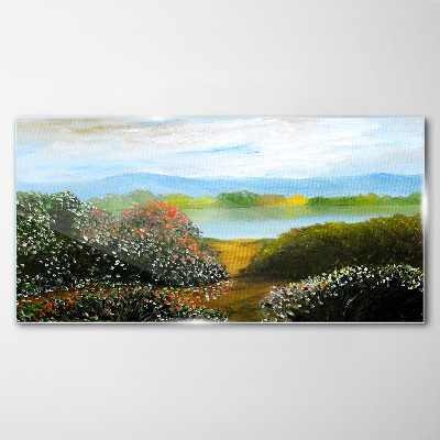 Tableau en verre Paysage avec arbustes à fleurs