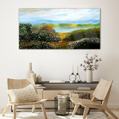 Tableau en verre Paysage avec arbustes à fleurs