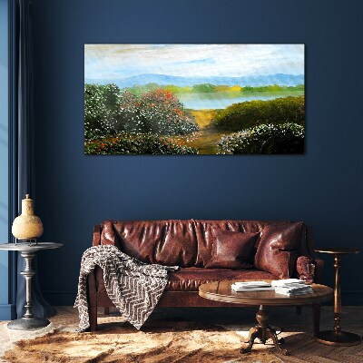 Tableau en verre Paysage avec arbustes à fleurs