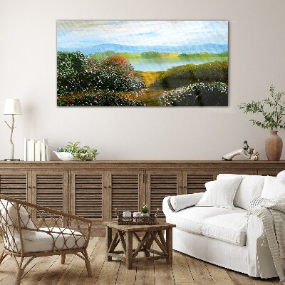 Tableau en verre Paysage avec arbustes à fleurs