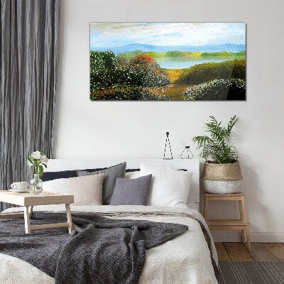Tableau en verre Paysage avec arbustes à fleurs