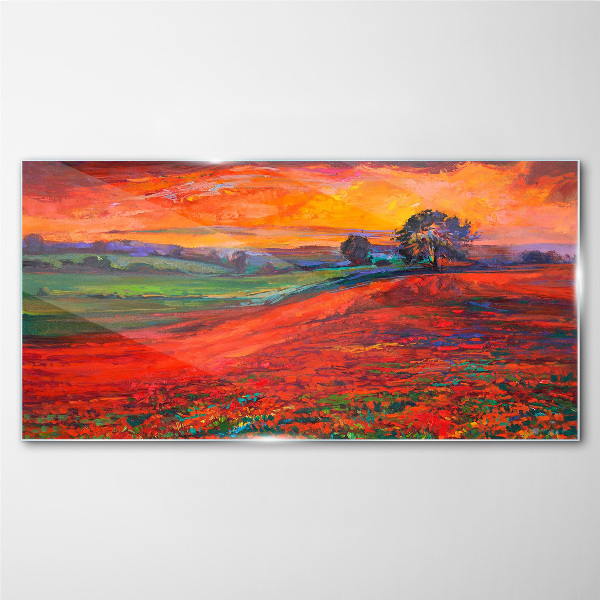 Tableau sur verre Coucher de soleil sur le champ rouge